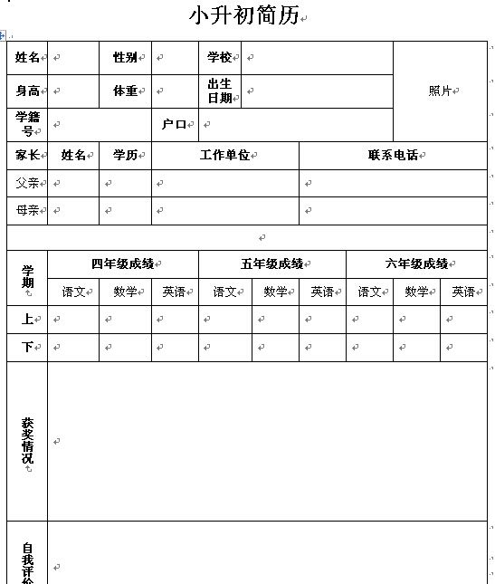 2016小升初简历模板免费下载