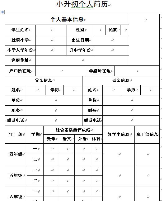 小升初个人简历表格下载