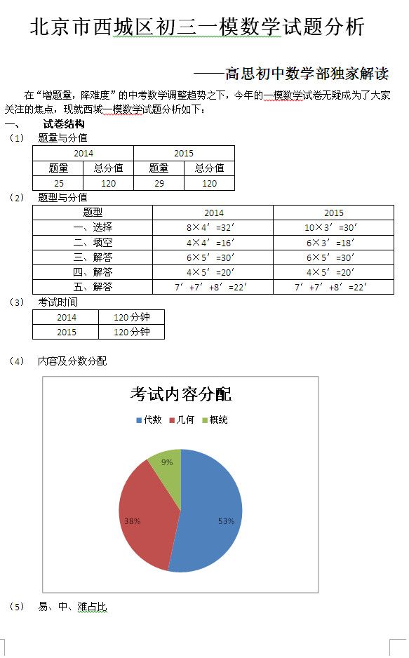 2015北京西城区中考一模数学试卷解析