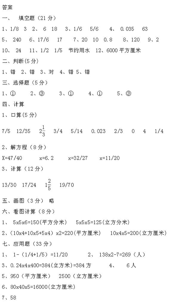 2016年最新人教版小学五年级下册数学期末试卷及答案